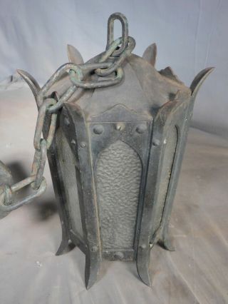 Antique Arts Crafts Tudor Gothic Cast Iron Exterior Porch Light Chandelier Glass 4