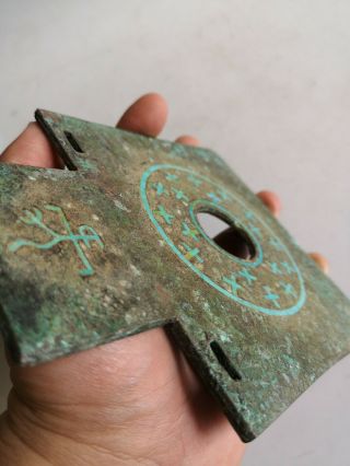 Chinese bronze Axe weapon inlays Turquoise cross vein Axe with family token 5