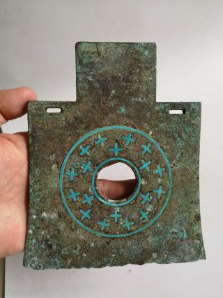 Chinese bronze Axe weapon inlays Turquoise cross vein Axe with family token 6