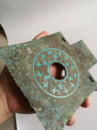 Chinese bronze Axe weapon inlays Turquoise cross vein Axe with family token 8