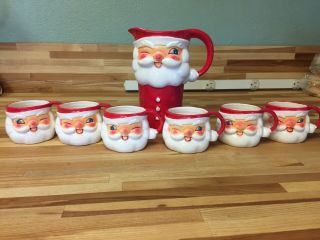 Santa Claus Pitcher And 6 Mugs Antique