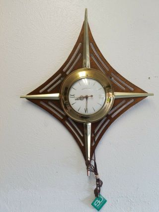 Sessions United Mid Century Modern Star Burst Wall Clock 24 " X20 " Mcm Wood Brass