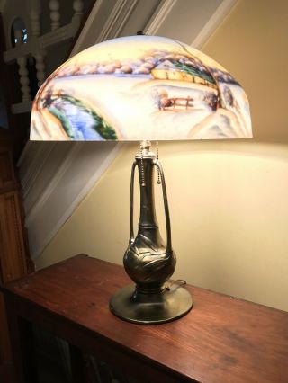 Antique Table Lamp Reverse Painting On Glass Like Handel