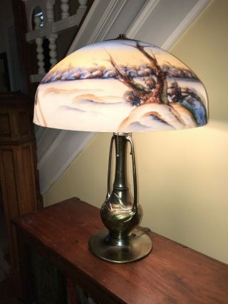 Antique Table Lamp Reverse Painting on Glass Like Handel 5