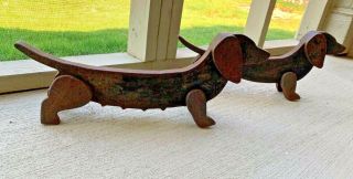 Vintage Pair Cast Iron Dachshund Statues,  Doorstop Shoe Scrape Patina