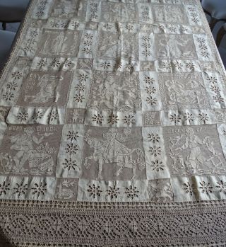 Antique French Pure Linen Curtain Richelieu - Embroidery On Net - Lace 126 " X 53