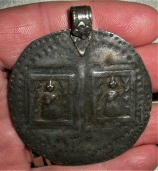 Antique C.  1200 - 1400 A.  D.  Medieval Coin Silver Amulet Pendant 2 God Figures Vafo