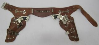 Pair 2 Vtg Hubley Western Cowboy Toy Cap Gun Steer Head Grip W/ Leather Holster