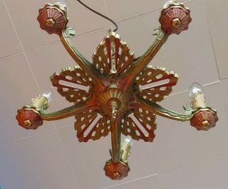 Antique Art Nouveau 1920s Ceiling light Polycrome Chandelier Salvaged 11
