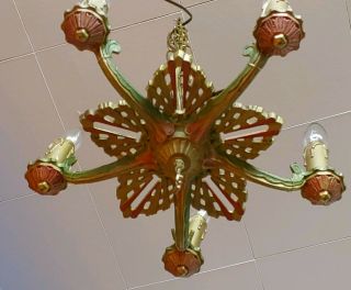 Antique Art Nouveau 1920s Ceiling Light Polycrome Chandelier Salvaged