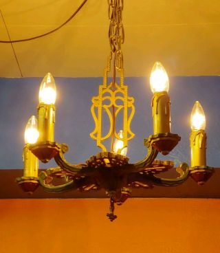 Antique Art Nouveau 1920s Ceiling light Polycrome Chandelier Salvaged 2