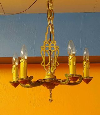 Antique Art Nouveau 1920s Ceiling light Polycrome Chandelier Salvaged 4