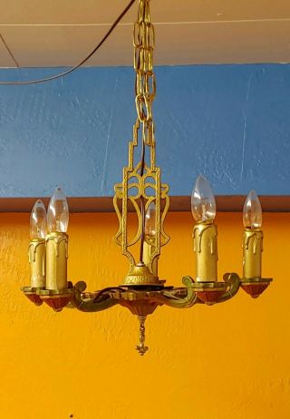 Antique Art Nouveau 1920s Ceiling light Polycrome Chandelier Salvaged 5