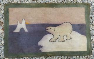 Antique Vintage Grenfell? Hand Made Hooked Mat Rug Folk Art Polar Bear Ice Flow 12