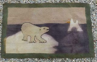 Antique Vintage Grenfell? Hand Made Hooked Mat Rug Folk Art Polar Bear Ice Flow