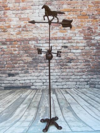 Vintage 4 - 1/2 Ft Tall Cast Iron Horse & Arrow Weathervane On Claw Foot Stand