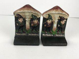 Old B&h Cast Iron Bookends Gnomes Leprechauns Mushroom Speak Think No Evil - Rare