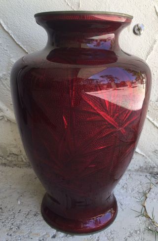 Antique Japanese Cloisonne Red Ginbari Vase 12” X 7 " Cardinals / Marked On Base