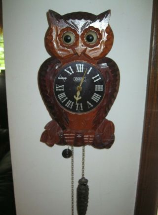Vintage POPPO Carved Wood OWL CUCKOO CLOCK Moving Eyes Tezuka Japan 11