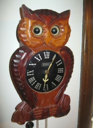 Vintage Poppo Carved Wood Owl Cuckoo Clock Moving Eyes Tezuka Japan