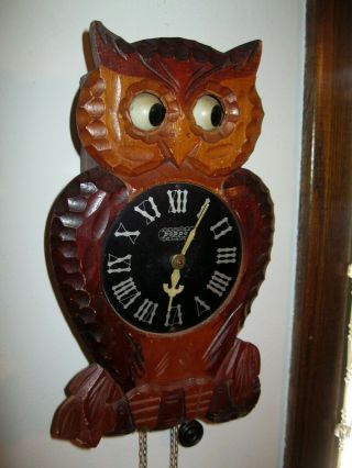 Vintage POPPO Carved Wood OWL CUCKOO CLOCK Moving Eyes Tezuka Japan 2
