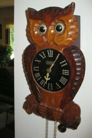 Vintage POPPO Carved Wood OWL CUCKOO CLOCK Moving Eyes Tezuka Japan 7