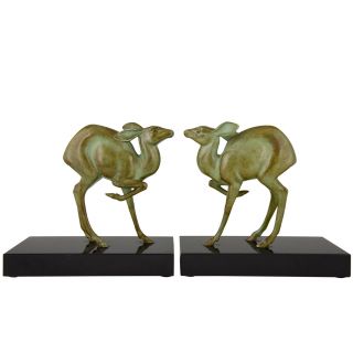 Rischmann Art Deco Bronze Deer Bookends Marble Base France 1925