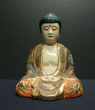 Antique Japanese Satsuma Moriage Seated Buddha 7.  5 "