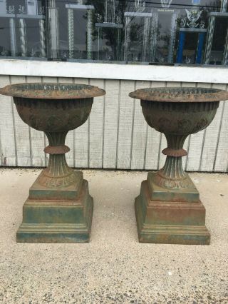 Antique Cast Iron Garden Urns Green Paint Circa 1910 We Ship