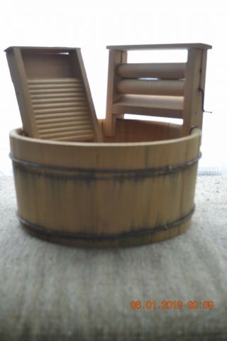Vintage Wood Two Wire Bands Wash Tub With Wringer And Wash Board