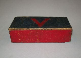 Old Vtg 1940s Wwii Wooden V For Victory Folk Art Painted Box Red Blue
