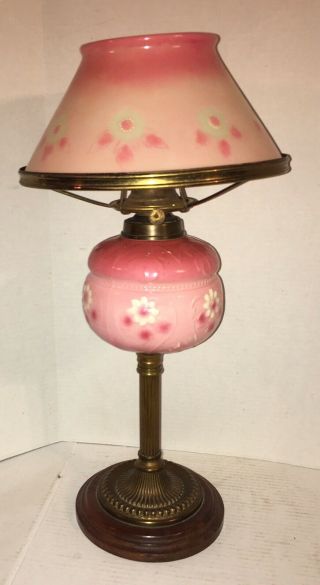 Antique Art Glass Floral Oil Lamp W/shade Pink Daisy Bristol