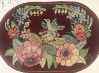 Antique Hooked Rug with Blue Bird & Nest Folk Art A - 1 2