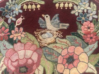 Antique Hooked Rug with Blue Bird & Nest Folk Art A - 1 3