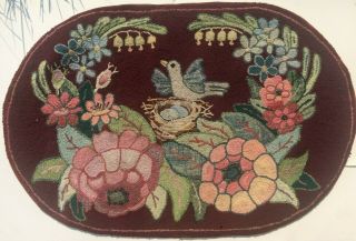 Antique Hooked Rug with Blue Bird & Nest Folk Art A - 1 8