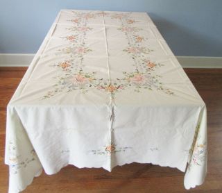Vintage Large Embroidered Tablecloth W 12 Napkins 99 X69 Floral Embroidery X430
