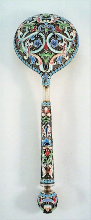 Antique Russian Silver 84 Detailed Cloisonne Enamel Spoon 7.  25 " Long 95g Perfect