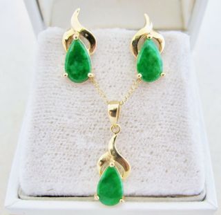 14k Gold & Green Jadeite Jade Earrings & Pendant Set With Chain Necklace (3g)