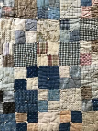 LARGE OLD Antique Handmade Blue Brown Calico Quilt Blanket Textile Worn AAFA 10