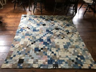 Large Old Antique Handmade Blue Brown Calico Quilt Blanket Textile Worn Aafa