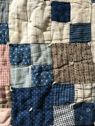 LARGE OLD Antique Handmade Blue Brown Calico Quilt Blanket Textile Worn AAFA 3