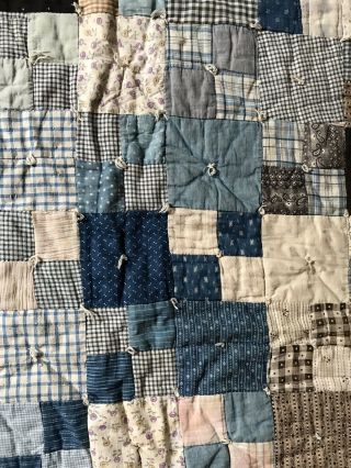 LARGE OLD Antique Handmade Blue Brown Calico Quilt Blanket Textile Worn AAFA 4