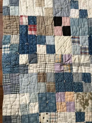LARGE OLD Antique Handmade Blue Brown Calico Quilt Blanket Textile Worn AAFA 6