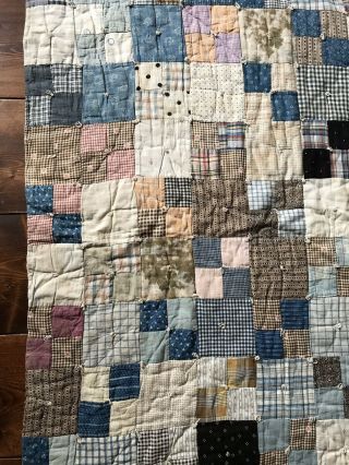 LARGE OLD Antique Handmade Blue Brown Calico Quilt Blanket Textile Worn AAFA 7