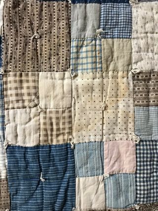 LARGE OLD Antique Handmade Blue Brown Calico Quilt Blanket Textile Worn AAFA 8