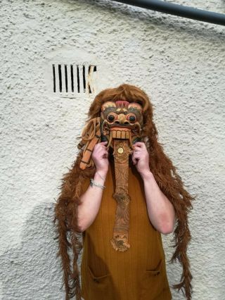 Lion mask from Bali complete with wig,  wooden hand painted. 9