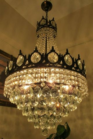 Antique Vnt.  Big French Basket Style Crystal Chandelier Lamp Light 1940 