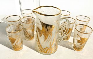 Mid Century Pitcher,  8 Glasses - Etched Glass And Gold Marine Decor - Gorgeous