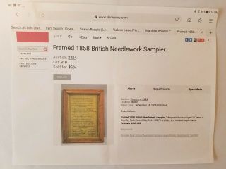 19th C 1852 English British Needlepoint Sampler Margaret Harrison ex.  Skinner 7