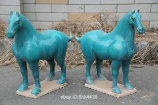 16.  5 " Pairs Tang Sancai Glazed Pottery Standing Elegant Turquoise War Horse